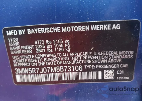 2021 BMW 330I xDrive из США, поврежденный, VIN 3MW5R7J07M8B73106